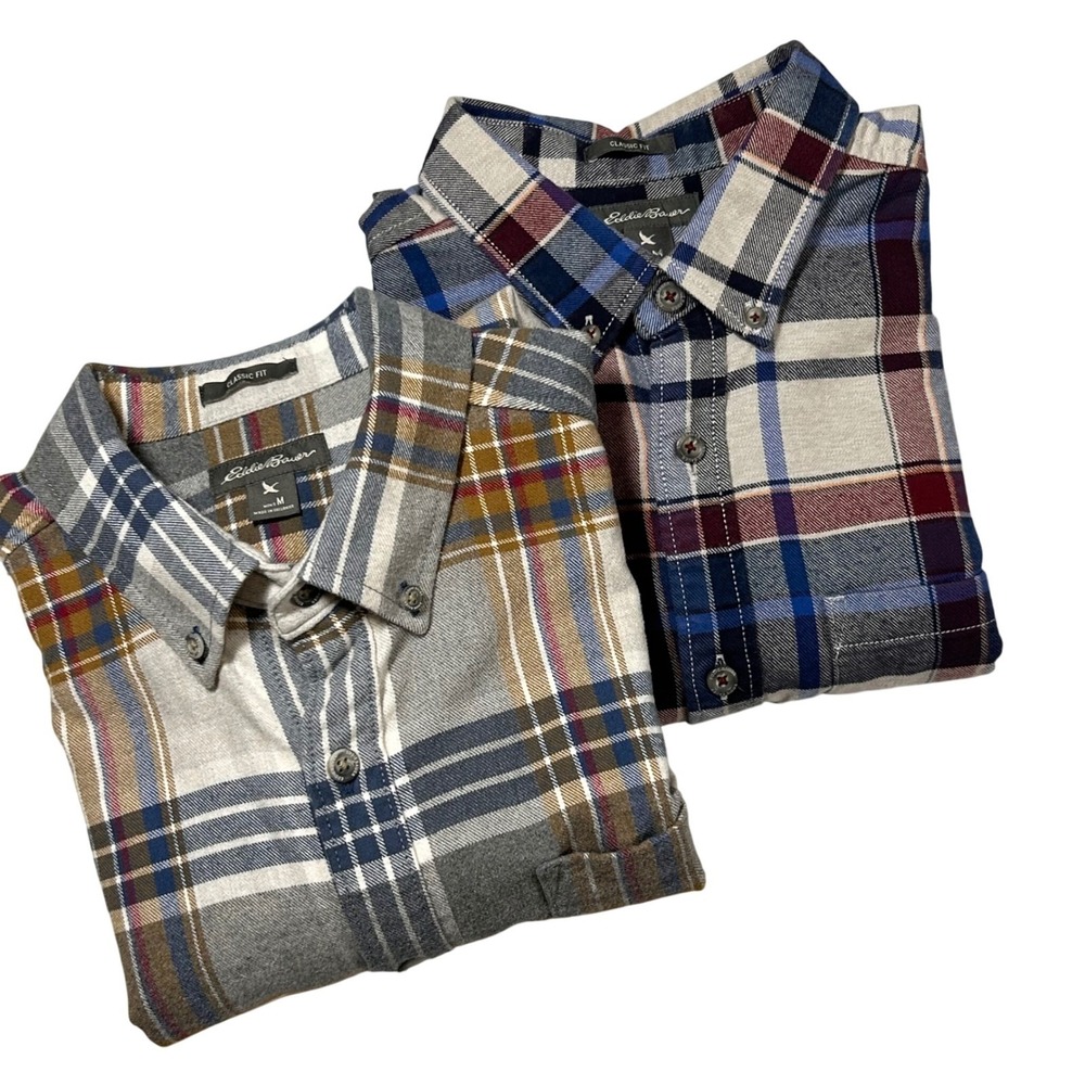 Eddie Bauer Mens M Plaid Flannel Shirt Long‎ Sleeve Button Down Lot of 2